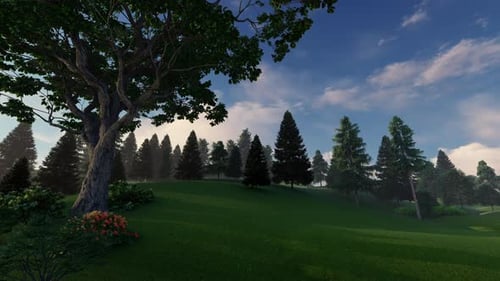 Naturlandschaft, Himmel mit flauschigen Wolken über grünem Feld - 2K