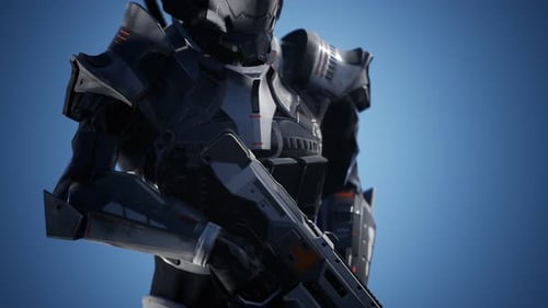 Soldat futuriste en armure d'acier avec le pistolet Cyber Punk