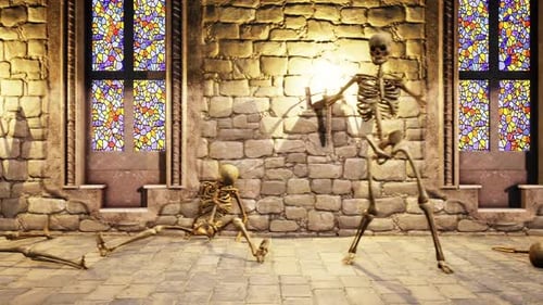 Dancing Skeletons Reanimate in Old Stone Church Seamless Loop