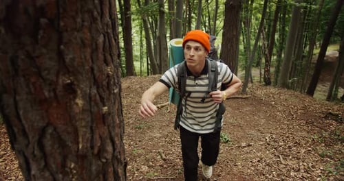 Männlicher Tourist geht im Wald bergauf