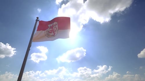 Realistic Waving Flag with Coat of Arms on Sunny Sky