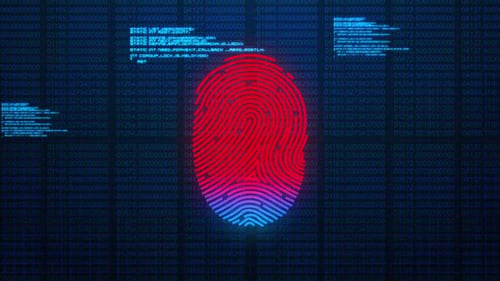 Animation of digital biometric fingerprint computer interface icon and data processing