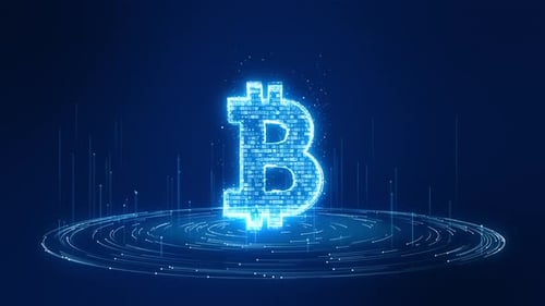 Blue particle money logo with futuristic technology circle rotation on abstract background