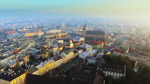 Aerial View of Krakow Historic Market Square, Poland, Central Europe at Morning