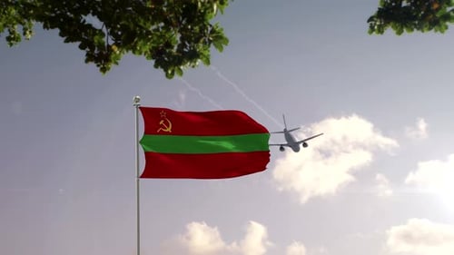Transnistrian Flag Waving with Airplane Flying Over City Skyline