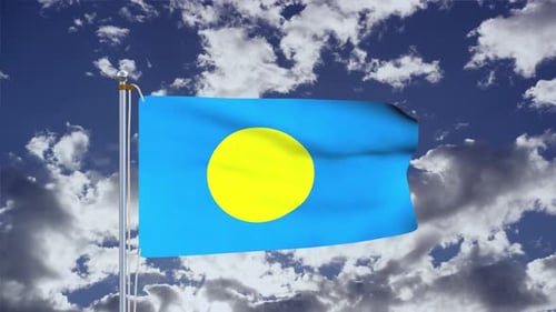 Realistic Palau National Flag Waving in Cloudy Sky