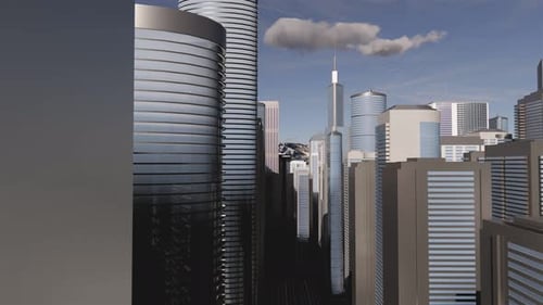 Render 3D de una ciudad brillante abstracta con rascacielos. Formas simples de edificios