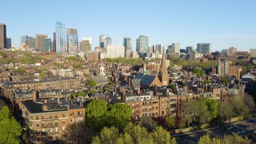 Historic Brick Buildings in Back Bay Boston Neighborhood. Drone Pedestal Down