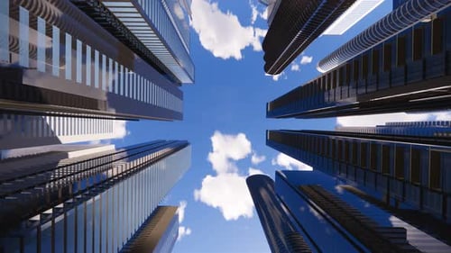 3d render of abstract bright city with skyscrapers. Simple forms of buildings