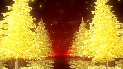 Festive Golden Christmas Trees with Sparkling Snowflakes Background