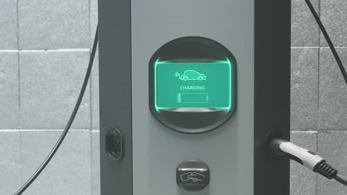 Electric car connected to the charging station. Vehicle using renewable energy