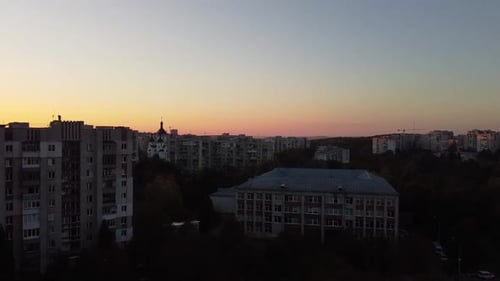 Aerial view of a drone flying over the city.