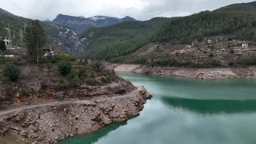 Mountain river high in the mountains Aerial View 4 K