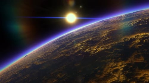 Cinematic Flight Over Distant Planet with Brilliant Sun