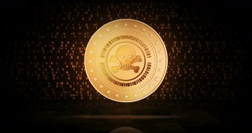 Crâne de piraterie, cybercriminalité et piratage d'une boucle de pièces d'or sur fond numérique