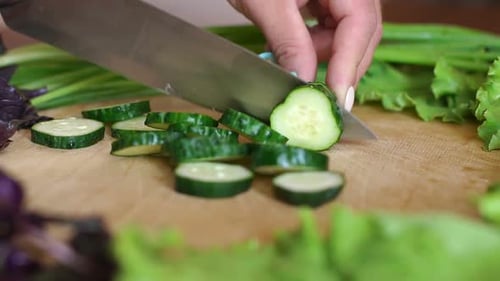 Slicing Fresh Cucumber for Healthy Green Salad