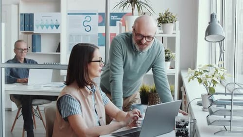 Woman Working on Laptop with Supervisor in Office