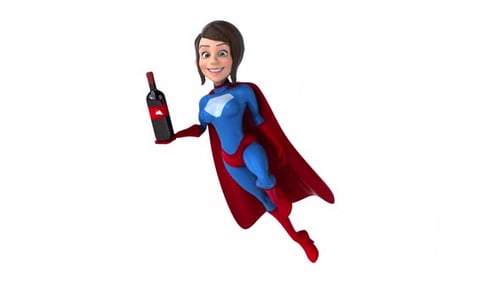 3D Cartoon Superhero Woman Flying with Wine Bottle