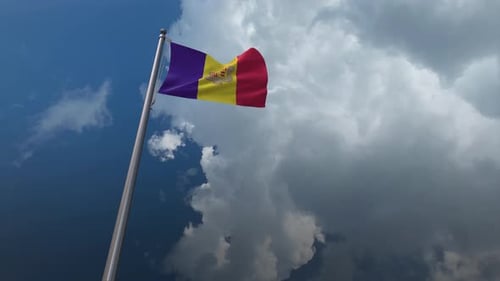 Realistic 3D Andorra Flag Waving in Blue Sky with Clouds