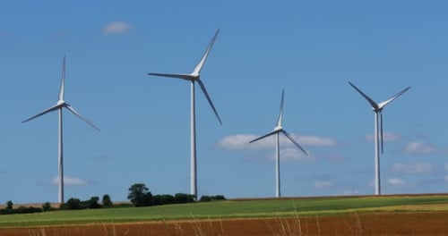 950059 Wind Turbines with Blue Sky, near Caen in Normandy, Real Time 4K