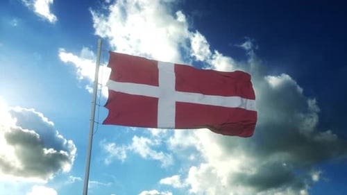 Denmark Flag Waving on Sunny Cloudy Sky