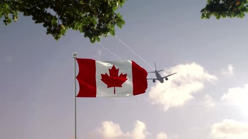 Waving Canadian Flag with Airplane Flying Over Modern City