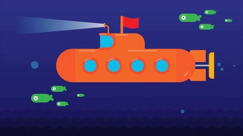 Flat Design Submarine Exploring Ocean with Fish