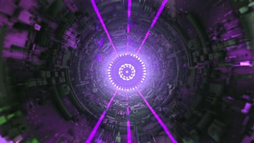 Futuristic Cyber Tunnel Flight with Neon Purple Lights