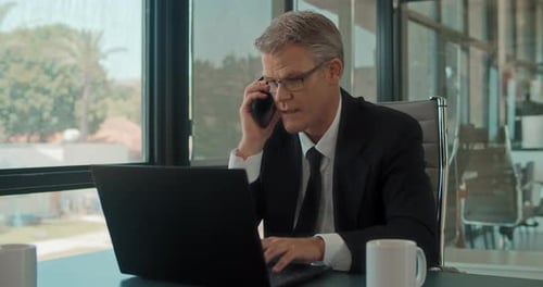 Medium shot of a businessman talking on the phone while working on a laptop at the office.