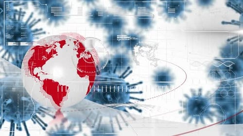 Coronavirus cells spreading with data processing and globe spinning