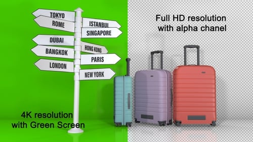 Animated 3D Travel Suitcases with Destination Signpost