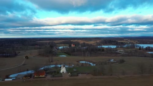 Old Araisi Windmill in Latvia Aerial Shot From Above. Winter Day at Sunrise. This Is the Only Windmi