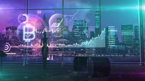Futuristic Robot Analyzing Holographic Bitcoin Data in City Office