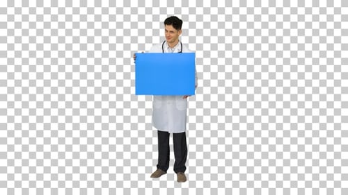 Mockup. Smiling male doctor wearing a stethoscope holding blank poster, Alpha Channel