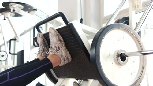Female Legs Training on Machine Press in Gym.