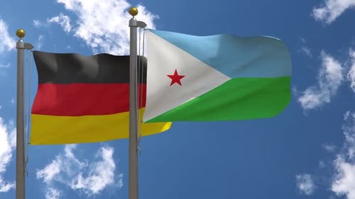 Germany and Djibouti Flags Waving Against Cloudy Sky