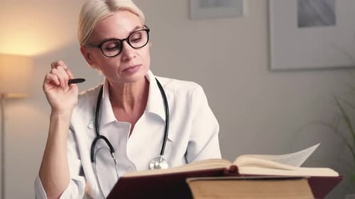 Woman Doctor Studying Books in Office