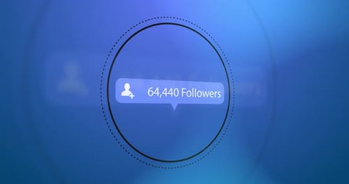 Profile icon, followers text and increasing numbers on speech bubble over circles on blue background