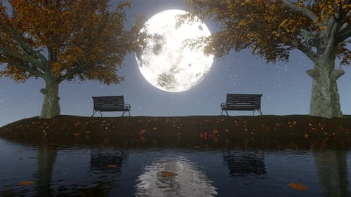 Serene Full Moon Night with Autumn Trees and Lake Benches