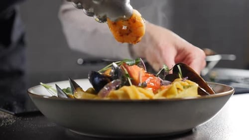 Serving Delicious Fried Shrimps with Homemade Spaghetti Noodles Pasta