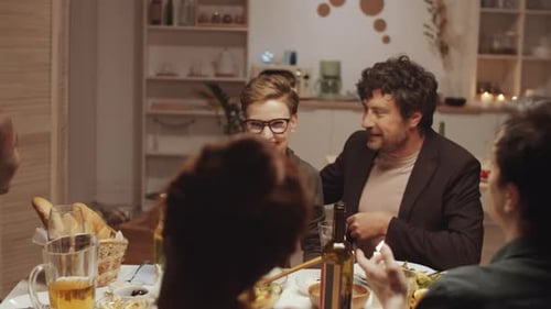 Cheerful Friends Taking Selfie with Smartphone at Dinner Party