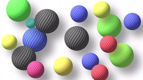 Abstract colorful background with flying or floating simple geometric forms. 3d sphere animation.