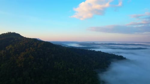 4K Aerial view of Mountains landscape with morning fog.