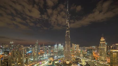 Time lapse of Burj Khalifa in Dubai Downtown skyline and fountain, United Arab Emirates or UAE.