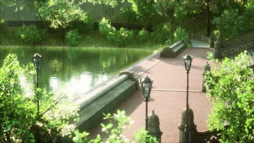 Ruhiger Teich umrahmt von üppig grünem Waldpark im Sonnenschein