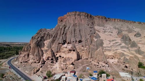 Cappadocia Aerial Drone View to Cave Town Zelve Valley