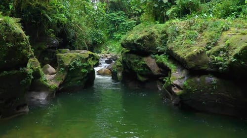 Flying through a small canyon with swimming hole in a tropical paradise