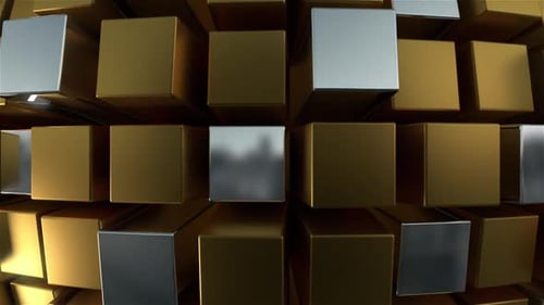Pulsating Metallic Gold Silver Cubes Geometric Animated Background