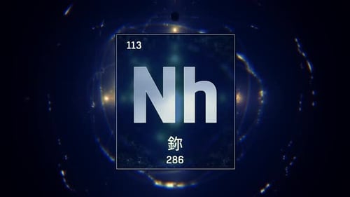 Le nihonium comme élément 113 du tableau périodique sur fond bleu en chinois