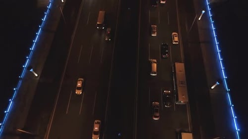 Aerial Drone Shot of Road Vehicles Night Traffic